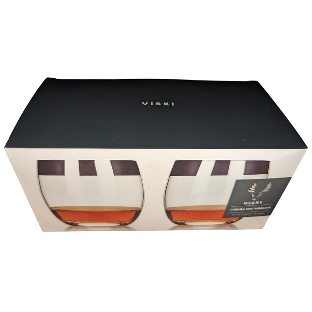 NEW Viski Crystal Chrome Rim Tumblers Set NIB RARE Mad Men Roly Poly Inspired